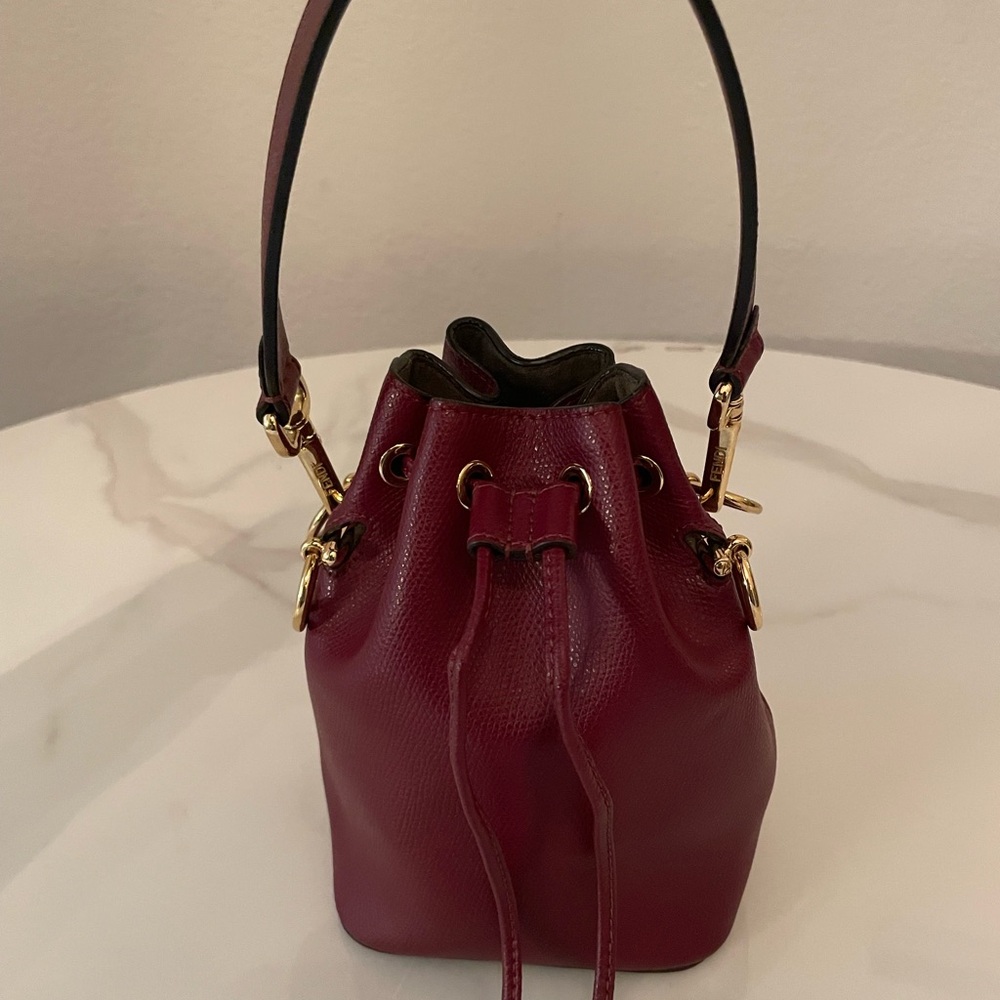 FENDI MINI MON TRESOR BUCKET BAG Burgundy red leather gold hardware